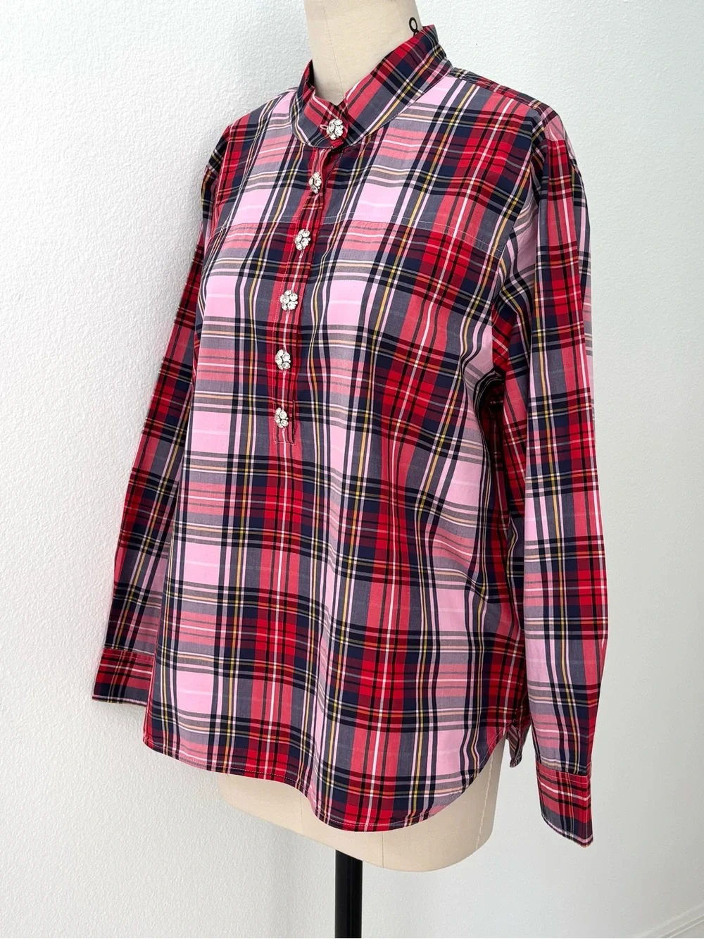 J.Crew Pink Stewart Tartan Band-Collar Popover Blouse NWT Jeweled Buttons 16
